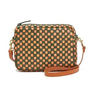 Clare V woven Midi Sac in safari green and coral